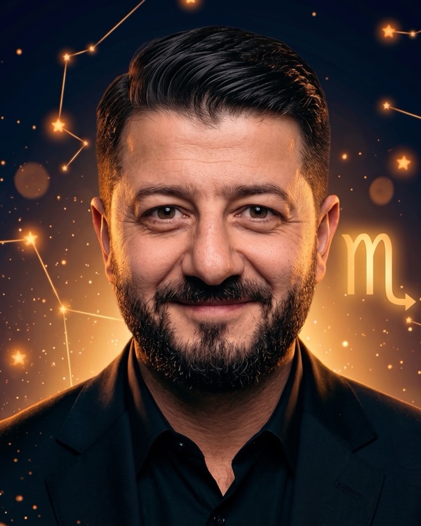 Михаил Галустян — портрет с глифом Скорпиона для фан-превью эпизода шоу «Натальная карта» с разбором натальной карты комика и актёра (Скорпион, Луна в Стрельце)