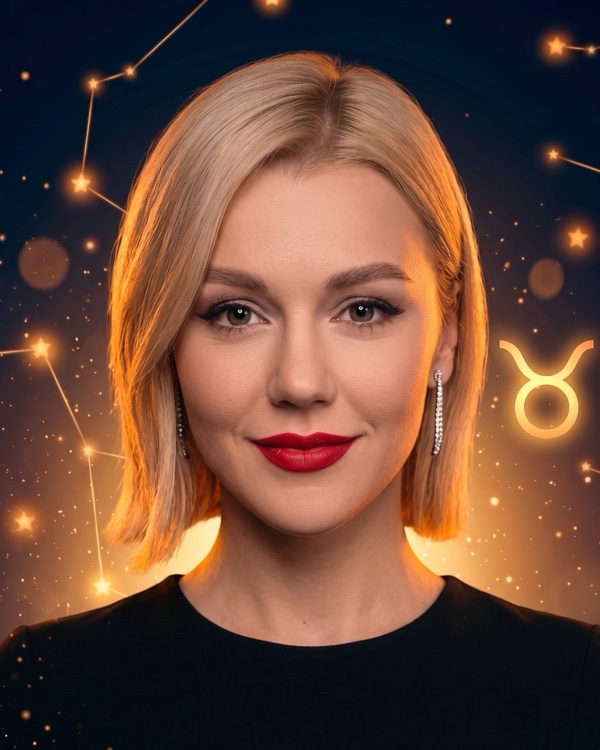 Юлианна Караулова — портрет с глифом Тельца для фан-превью эпизода шоу «Натальная карта» с разбором натальной карты певицы и телеведущей (Телец, Луна во Льве)