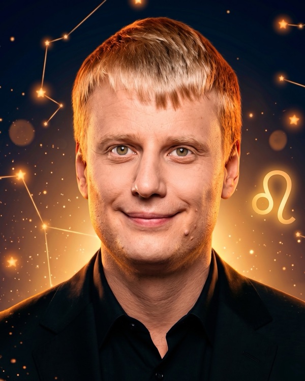 Слава Комиссаренко — портрет с глифом Льва для фан-превью эпизода шоу «Натальная карта» с разбором натальной карты стендап-комика (Лев, Луна в Стрельце)