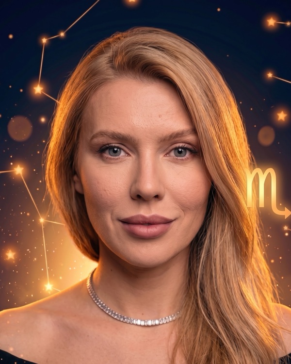 Карина Кросс — портрет с глифом Скорпиона для фан-превью эпизода шоу «Натальная карта» с разбором натальной карты видеоблогера, телеведущей и певицы (Скорпион, Луна в Весах)