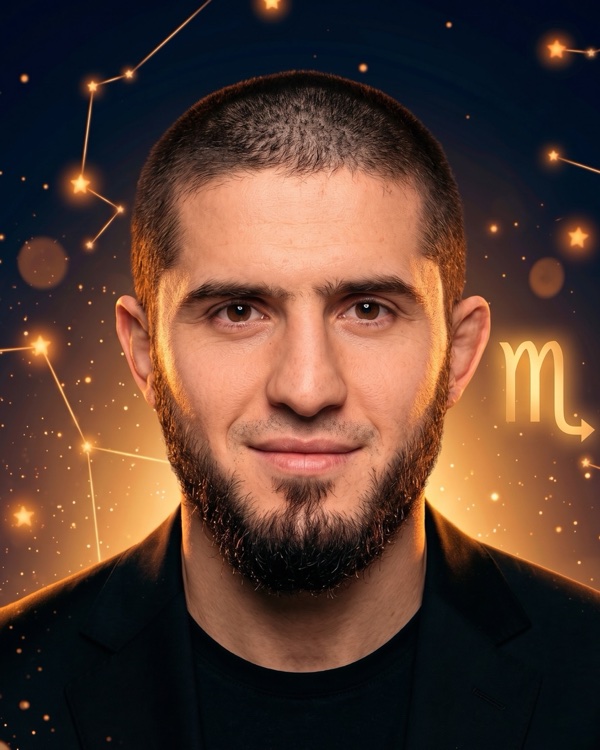 Ислам Махачев — портрет с глифом Скорпиона для фан-превью эпизода шоу «Натальная карта» с разбором натальной карты чемпиона UFC в двух весовых категориях (Скорпион, четыре планеты в знаке)