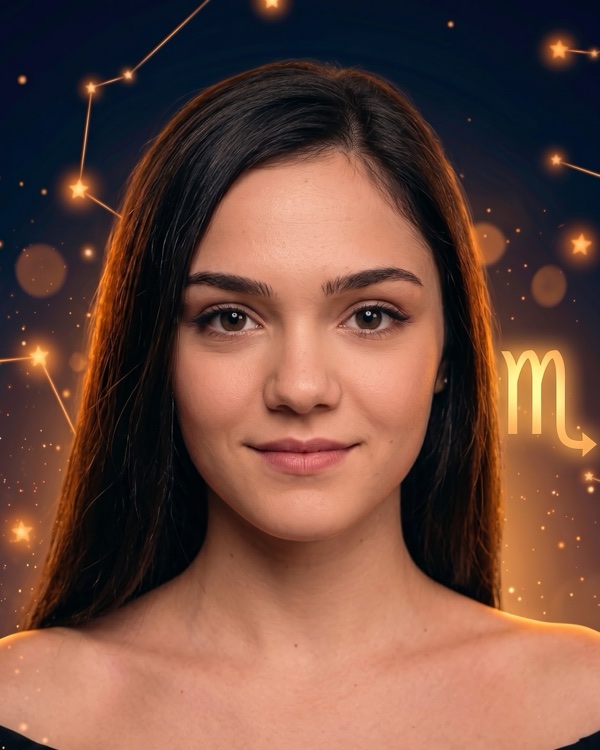 Евгения Медведева — портрет с глифом Скорпиона для фан-превью эпизода шоу «Натальная карта» с разбором натальной карты двукратной чемпионки мира по фигурному катанию (Скорпион, Марс в Козероге)
