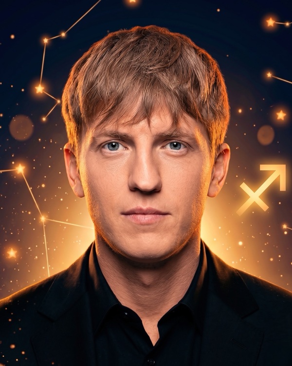 Алексей Щербаков — портрет стендап-комика для фан-превью эпизода шоу «Натальная карта» с разбором натальной карты (Стрелец, Луна в Рыбах, стеллиум в Козероге)