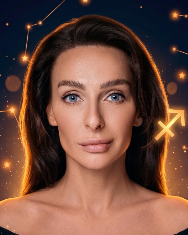 Екатерина Варнава — портрет с глифом Стрельца для фан-превью эпизода шоу «Натальная карта» с разбором натальной карты актрисы, хореографа и телеведущей (Стрелец, Луна на границе Близнецов и Рака)